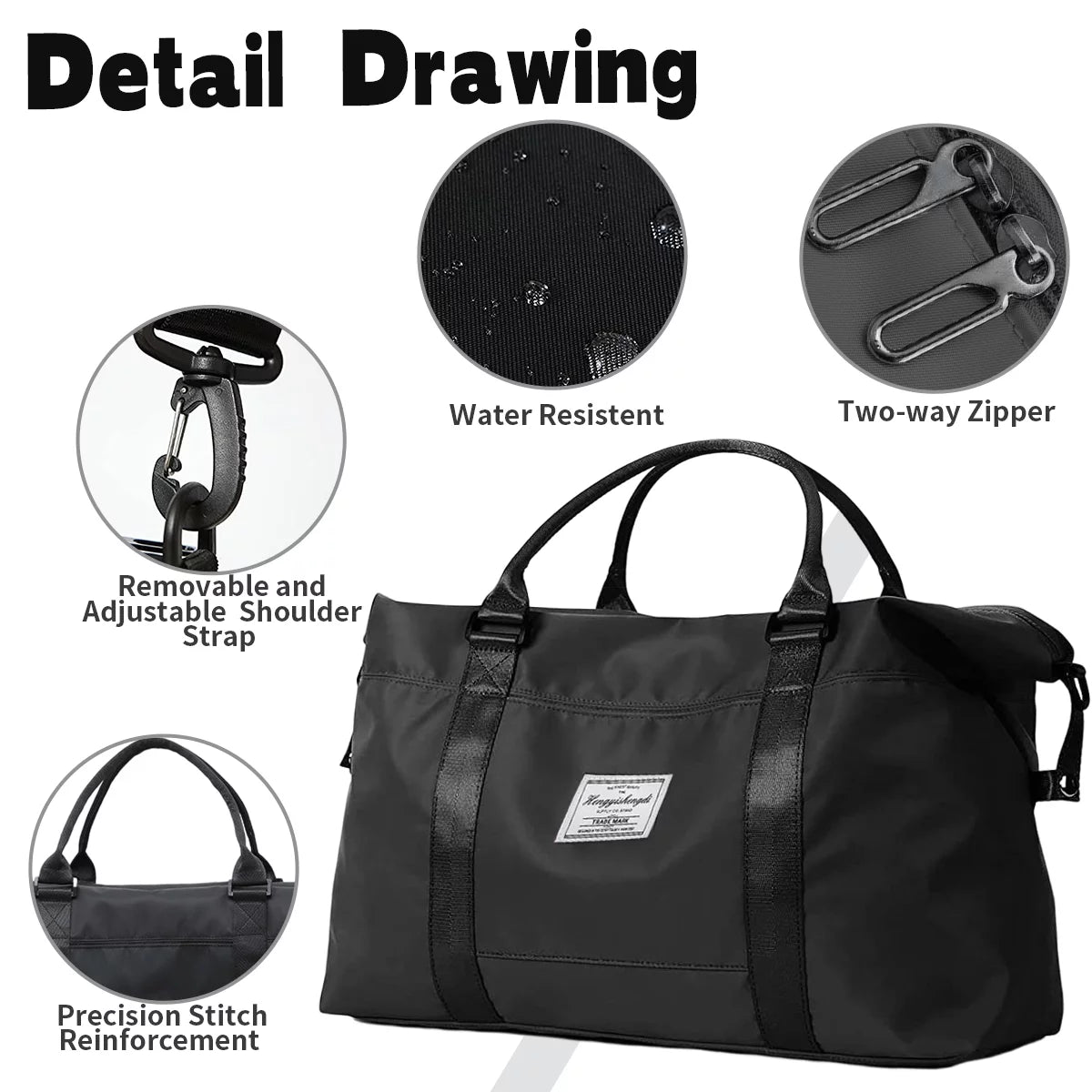 37L Waterproof Duffle Bag for Women, Tear-Resistant Gym Travel Bag with Adjustable Shoulder Strap & Trolley Sleeve, Airline Approved Carry-On Weekender Bag with Wet/Dry Pocket, Black