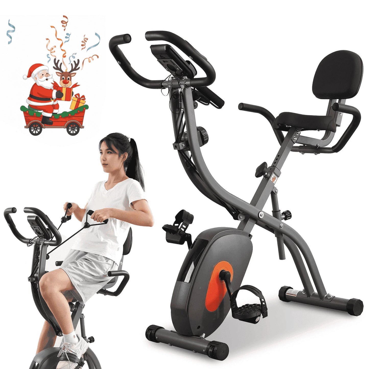 Folding Exercise Bike 3 in 1 Magnetic Stationary Recumbent Bike 10 Level Resistance for Home Use with Arm Resistance Bands