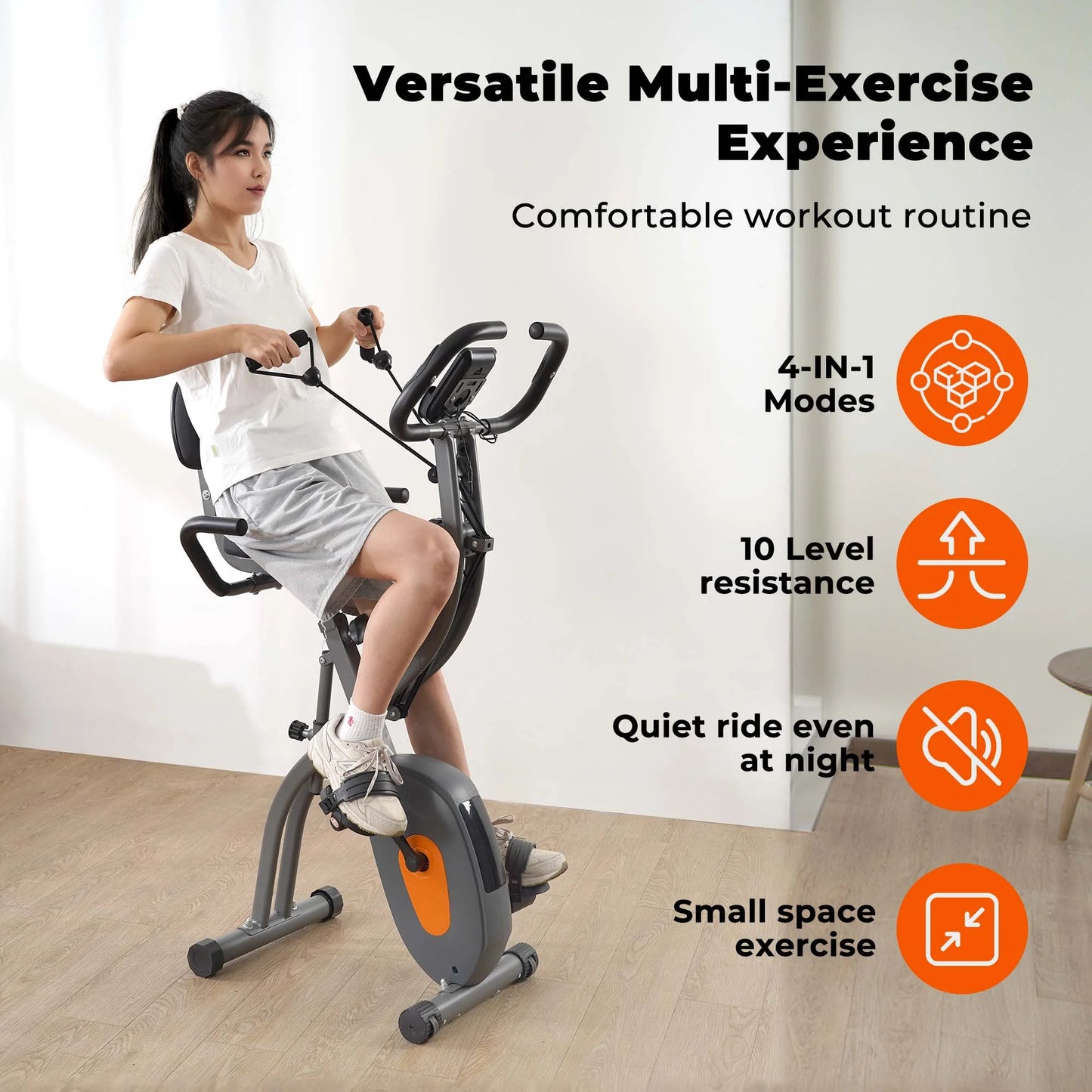 Folding Exercise Bike 3 in 1 Magnetic Stationary Recumbent Bike 10 Level Resistance for Home Use with Arm Resistance Bands