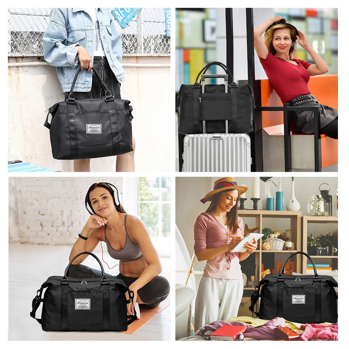 37L Waterproof Duffle Bag for Women, Tear-Resistant Gym Travel Bag with Adjustable Shoulder Strap & Trolley Sleeve, Airline Approved Carry-On Weekender Bag with Wet/Dry Pocket, Black